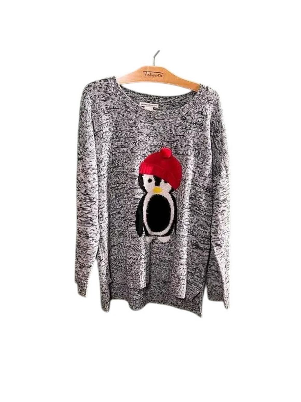 Reference Point XL Penguin Holiday Sweater Gray Marled Acrylic Knit